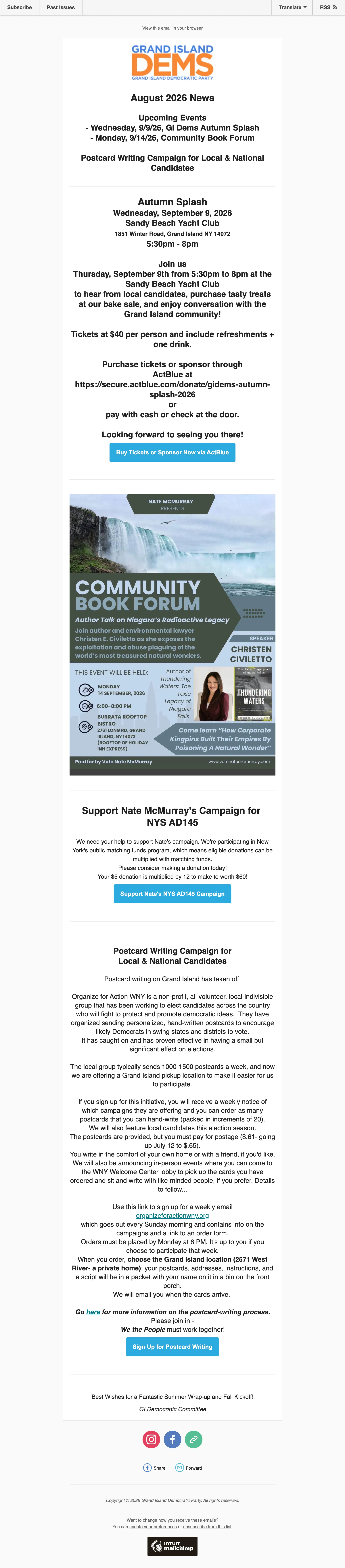 Grand Island NY Democratic Committee August 2026 Newsletter Image
